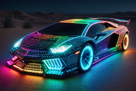a hovering sedan made out of RGB Keyboards, with smooth lines, floating wheels, solo, glowing rims with RGB lights, illuminated wheels, an RGB desert with sand dunes glowing with RGB lights, holographic markers, detailed background, ascending a platform, engines humming with RGB lights, lights glowing, wide shot, a glowing RGB charging station with RGB lights, cables connected, best quality, vibrant colors, realistic style, high detail, high-definition, hyper-realistic, extremely high-resolution details, fine texture, incredibly lifelike, realistic, not cartoon, not drawing, highres, 4K resolution, source photo, realistic photo, masterpiece, best quality, amazing quality, very aesthetic, ultra-detailed, detailed textures, natural lighting, soft light, digital rainbow colors, full spectrum glow, holographic glow, futuristic and shimmering, overhead shot, <lora:RGB_Keyboard_themed-000008:1>