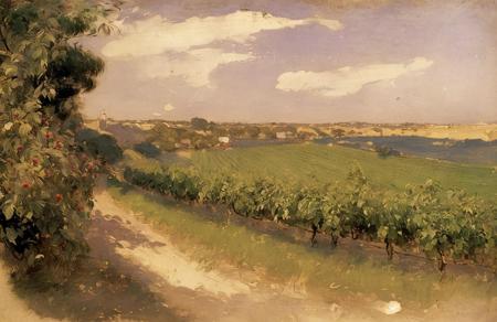 (style of Charles Conder:1.2), a painting,scene painting,scenery, orchard ,boscage ,stand ,hedgerow,vineyard , Canyon ,