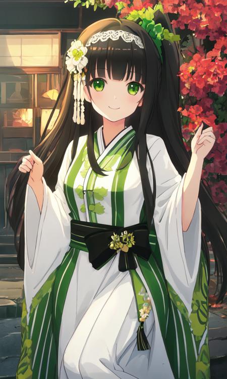 masterpiece, best quality, detailed, wallpaper, 
1girl, solo,  
long black hair,green eyes,hair accessory,
<lora:chiya_v2:0.4>,
smiling,White and Green Striped Lace Kimono