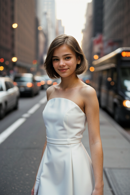 AnnaMariaPrydatko, photography by (Rodney Smith:1.3), ((face focus, shoulders)), modelshoot, pose, (business dress, facing viewer, busy Manhattan sidewalk, looking at viewer, blurry background, bokeh, ID photo:1.3), grin