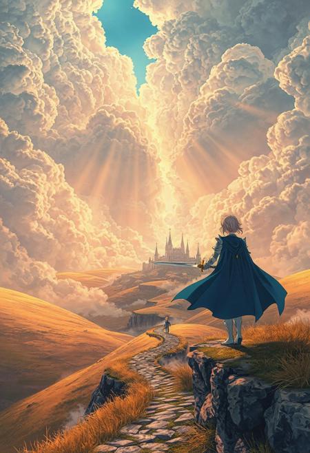 Vertical 9:16 anime-style sky in ultra-detailed 4K resolution. A vast, painterly sky stretches endlessly above, filled with massive, textured cumulonimbus clouds in complex, sculpted folds and subtle ridges. Wisps of cirrus drift between them, glowing faintly in soft golden light. Gaps between the towering cloud layers reveal pockets of radiant loght-blue sky, where warm beams of sunlight cascade down like divine spotlights.
Below, the landscape opens into a sweeping, mystical valley carpeted in golden grass and dotted with ancient, moss-covered stones. A narrow, winding path of worn cobblestones cuts through the terrain, leading far into the distance where a majestic castle fortress rises—its spires cloaked in mist, framed by ominous, dark storm clouds brewing overhead.
In the foreground, Saber from Fate/stay night stands at the edge of a rocky cliff overlooking the path, clad in her iconic silver-blue armor. Her long blue cape flows dramatically in the wind. She grips Excalibur tightly—its blade glowing with a faint, holy light—as her eyes fix on the distant castle, sensing the final battle to come.
The atmosphere is layered and cinematic: pastel pinks, silvers, and deep blues blend into a surreal, emotional palette. Light bloom, volumetric mist, and painterly cel shading add mood and dimension. The entire scene is composed like a still from an epic anime film—haunting, nostalgic, and full of anticipation.