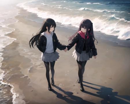 (masterpiece, best quality), 2girls walking along a beach together, multiple girls,sun light, long hair, footprints, beach, sand, black hair, ocean, day, shoes, walking, jacket, shore, grey skirt, black jacket, waves, pantyhose, pleated skirt, standing, shadow, smile, white skirt