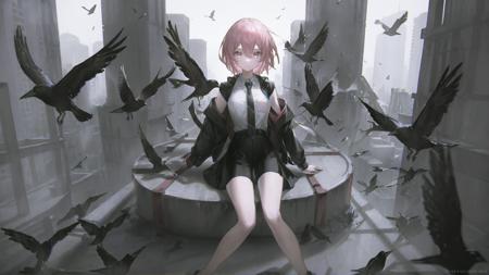 high quality, best quality, by reoenl, 1girl, solo, looking at viewer, short hair, bangs, skirt, shirt, long sleeves, hair between eyes, sitting, closed mouth, jacket, white shirt, pink hair, open clothes, shorts, collared shirt, black skirt, black jacket, feet out of frame, bird, animal, black shorts, building, black necktie, skyscraper, crow, <lora:reoenl:1>