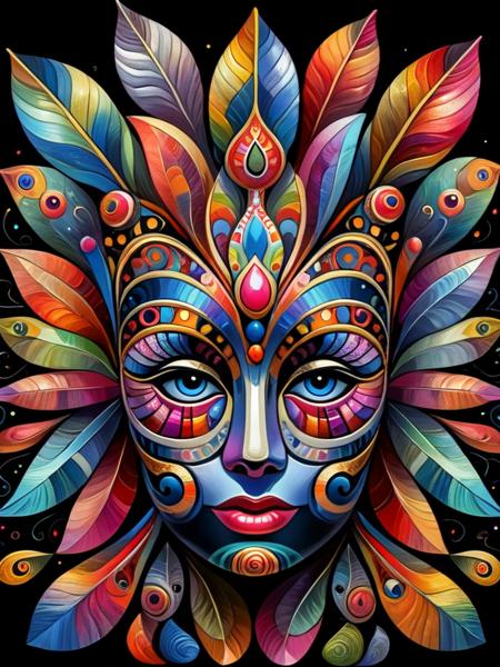 a close up of a colorful mask on a black background, digital art, by Marie Bashkirtseff, extremely detailed goddess shot, carnival on the background, detailed faces, colorful adornments, detailed digital 3d art, detailed face of a woman, colorful, symetrical detailed faces, colorful picture <lora:ral-colorswirl-sdxl:1> ral-colorswirl