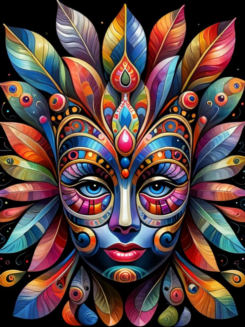A colorful portrait of a woman with a colorful headpiece and eye makeup.