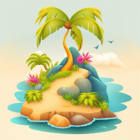 simple_background, white_background, flower, water, tree, pokemon_(creature), no_humans, bird, grass, rock, palm_tree, tower, faux_figurine, no humans, palm tree, pokemon (creature), white background, castle, simple background