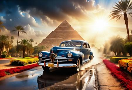 cinematic photo of 1946 Hudson Commodore, magnificent three pyramids of Giza appear clearly, charm, highly detailed car, Professional lighting, full of life, Lively and energetic, 8K, rays of sun flow beyond heavy clouds, HDR, Fast & Furious movie, motion blur, moving tires, Cinematic Shot, Cinematic Lighting, amazing world, pure perfection, Need For Speed, wide angle exterior background, wet asphalt road, autumn leaves, grass, flowers, jasmine flowers, palm trees, nebula horizon.