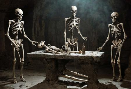 ancient alien constructions, skeletons of alien priests, sacrificial table, macabre, sinister place, dark atmosphere, place of death, dark