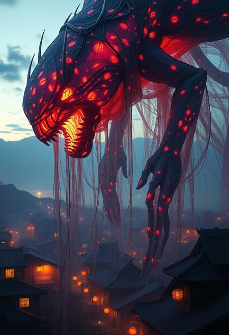 A detailed, otherworldly creature made of translucent, glowing fabric and hollow cybernetic threads looms over a traditional Chinese village at dusk. Incorporate light particles, double exposure, and bold, unsettling contrasts for a striking, award-winning concept art pieceaaa