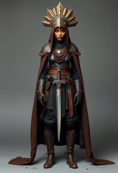 symmetrical front view, standing pose, medieval assassin islamic female warrior, african skin, tribal make up, she wears a leather armour, she wears a tribal necklaces, she wears dark old and dirt clothes, she wears leather tall boots, she wears long cape, she wears a great and oppulent headpiece, neutral grey background