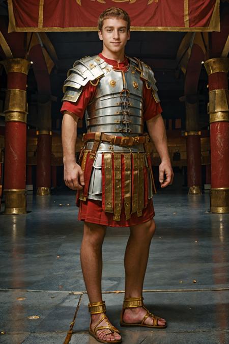 inside the coliseum, ConnorMaguire is wearing loriseg armor, (red tunic), (red shirt), (sandals), slight smile, masterpiece, (((full body portrait))), (full body), wide angle, <lora:loriseg:0.7> <lora:fantrome_v3:0.60> <lora:ConnorMaguire:0.8>