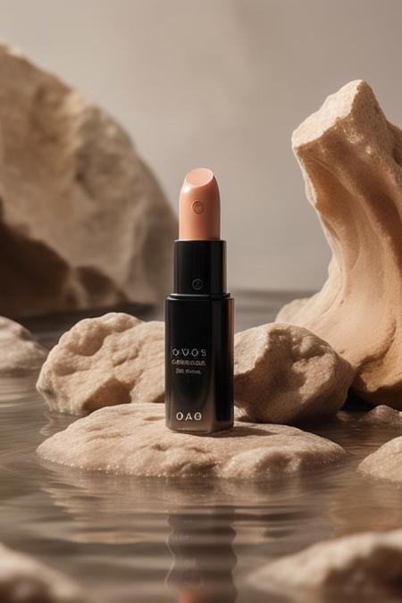 dark red lipstick, ,rock, water, reflect, no humans, depth of field, yellow background, scenery, still life (Product Photography)  <lora:Product Photography:0.85>