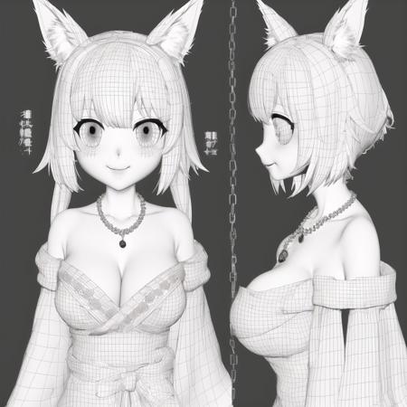 <lora:animewireframe:1>, animewireframe, 3d character model, computer generated image, blender, 
+ +, 1girl, animal ear fluff, animal ears, animal hands, animal nose, bangs, blush, body fur, breasts, character name, claws, cleavage, collarbone, fang, female focus, fox ears, fox girl, furrification, furry, furry female, hair rings, happy, japanese text, jewelry, light blush, long hair, long sleeves, looking at viewer, medium breasts, monochrome, multiple views, necklace, off shoulder, open mouth, sidelocks, simple background, sketch, smile, snout, upper body, v-shaped eyebrows, white background, wide sleeves