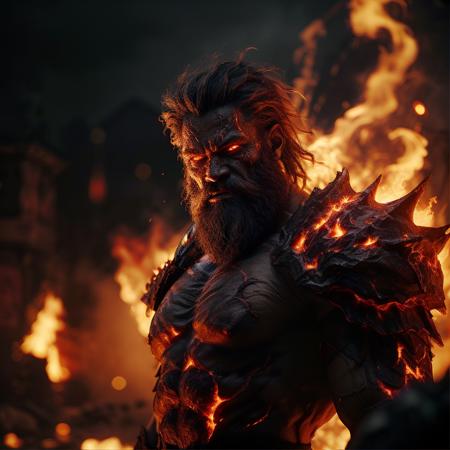 highly detailed cinematic photo of a fire giant, 
1boy, horns, flaming eye, full armor, glowing eyes, molten rock, muscular, beard, orange hair, red hair,

realistic, depth of field, blurry background,

medieval town,

photorealistic,
analogue photography,
low key lighting,
