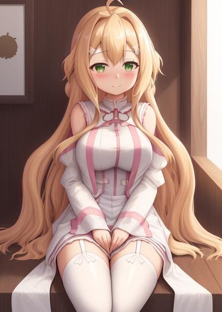 <lora:Iyojima_Anzu-10:0.7>,Iyojima_Anzu,1girl,solo,long hair,blonde hair,green eyes, blush, smile, ahoge, dress,detached sleeves, white dress, white thighhighs, garter straps,white hairpin, blush,hair intakes, portrait,big breasts