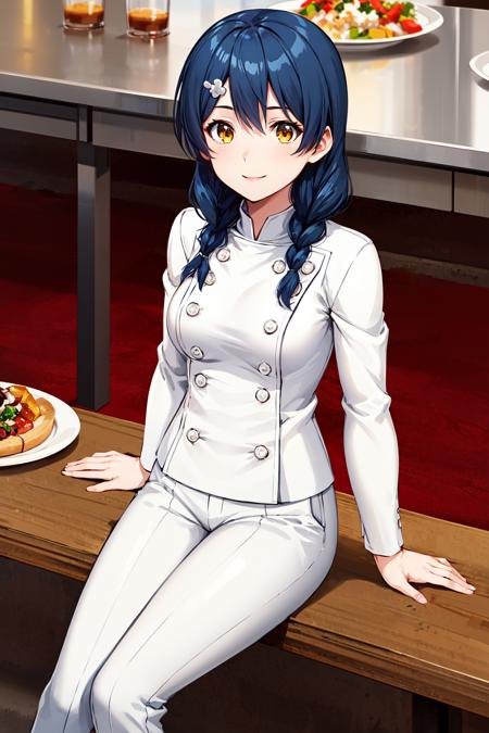 1girl, solo, long hair, blue hair, twin braids, hair ornament, yellow eyes, hair over shoulder, school uniform, red bowtie, blazer, (blue jacket:1.2), plaid skirt, brown skirt 1girl, solo, long hair, blue hair, twin braids, hair ornament, yellow eyes, hair over shoulder, chef, white shirt, buttons, white pants