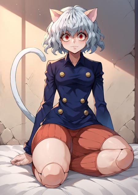 hxhpitou white hair, short hair, wavy hair cat ears, cat tail long sleeves, blue shirt, brown shorts, socks, shoes smile, :3