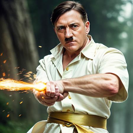 photorealistic photo of a handsome AdolfHitler, white wizard shirt with golden trim, white robe moving in the wind, long white hair, fully clothed, perfect face, handsome, realistic, (perfect composition:1.4), deviantart hd, artstation hd, concept art, detailed face and body, award-winning photography, margins, detailed face, detailed hands, ,backlight, 12k ultrarealistic, ray tracing, intense gaze, looking at the viewer, cinematic lighting, art by Grzegorz Rutkowski, embers, high fantasy background, action pose, hands up to 90 degrees, holding a small magic wand, water splash, misty,  <lora:Adolf-Diffusion:1>