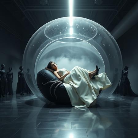 Ethereal, raven-haired Norwegian socialite, clad in a sumptuous, silk satin wedding gown and stiletto heels, laying in  giant black glossy ring satin pillow, ensnared within a gargantuan, crystalline jelly dome, its translucent walls glistening with an otherworldly sheen, as if infused with an extraterrestrial essence. Tentacles, like ghostly fingers, wrap around her lithe form, emerging from the depths of a fog-shrouded abyss, while a coterie of black, Victorian-era mannequins, draped in tattered, luxurious ball-gowns, stand as silent witnesses, frozen in a tableau of macabre elegance. Above, a blindingly intense light beam illuminates the scene, casting an eerie glow upon the polished steel floor, which seems to stretch on forever, like a catwalk into the very abyss of madness. The atmosphere is heavy with foreboding, as if the very fabric of reality is about to unravel, revealing the dark, labyrinthine recesses of a long-abandoned, cosmic horror. Inspired by the surreal, biomechanical visions of H.R. Giger, the eerie, atmospheric lighting of Roger Dean, and the masterful, cinematic storytelling of Ridley Scott, this haunting, live-action film still is a testament to the transcendent power of cinematic art, with its meticulously crafted, 35mm film aesthetic, replete with subtle, film grain textures, and a rich, color graded palette, evoking the very essence of a bygone era, lost in the depths of space and time.