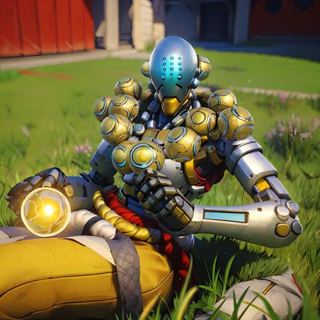 zenyatta, yellow pants, sandals, overwatch, omnic, robot, outside, sakura blossoms, slanted eyes, blue lights, orbs, red fabric, (masterpiece, high quality, best quality), (laying in grass:1.5)