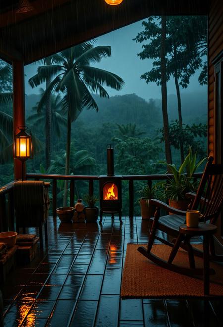 A cozy wooden cabin porch in the middle of a lush, tropical rain forest during a nighttime rainstorm. The porch is warmly lit by a glowing lantern and a crackling fire inside a freestanding black metal fireplace. Rain pours heavily in the background, with mist rising between densely packed forest trees and distant jungle hills. The porch floor is wet and reflective, with stacked logs of firewood, green potted plants, and rustic wooden furniture, including a rocking chair and a small table holding a cup and a pitcher. A woven rug adds a touch of warmth to the space. The overall atmosphere is tranquil, immersive, and cinematic — ideal for a relaxing ASMR or ambient scene. Soft warm lighting contrasts beautifully with the deep blues and greens of the rain forest night.