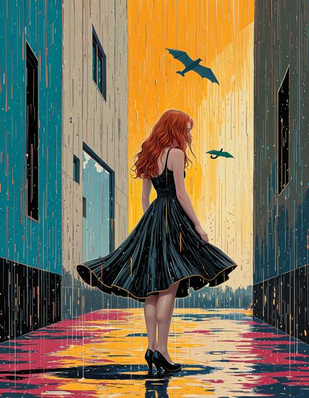 _cuteredhead_ ,  masterpiece, 1girl, solo, long hair, dress, bare shoulders, standing, full body, outdoors, red hair, sky, sleeveless, black footwear, from behind, orange hair, black dress, high heels, bare arms, sleeveless dress, window, profile, bird, animal, wavy hair, building, reflection, rain, curly hair, spaghetti strap, puddle, alley