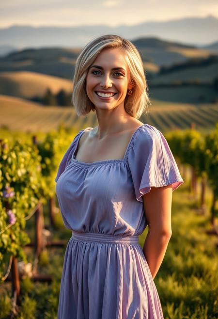 A full-body portrait of a German woman, 30 years old, fair skin, short ash-blonde hair, wearing a stylish lavender short dress, smiling brightly in a lush vineyard with rolling hills in the distance, soft afternoon lighting, cinematic tones, Canon RF 85mm f/1.4 lens, hyperrealistic, MidJourney v6.