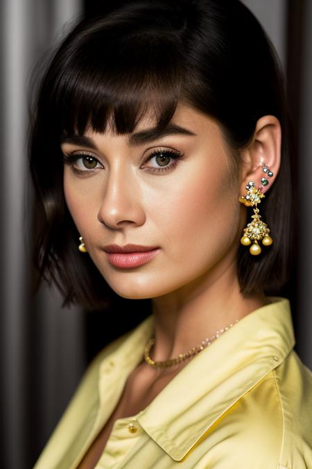 Realistic photo of a beautiful 4udr3yh-v2 woman, 1girl, solo, looking at viewer, short hair, brown hair, brown eyes, jewelry, closed mouth, earrings, lips, makeup, portrait, yellow shirt, realistic, soft lighting, professional Photography, Photorealistic, detailed, RAW, analog, sharp focus, 8k, HD, DSLR, high quality, Fujifilm XT3, film grain, award winning, masterpiece<lora:4udr3yh-v2:1.0>