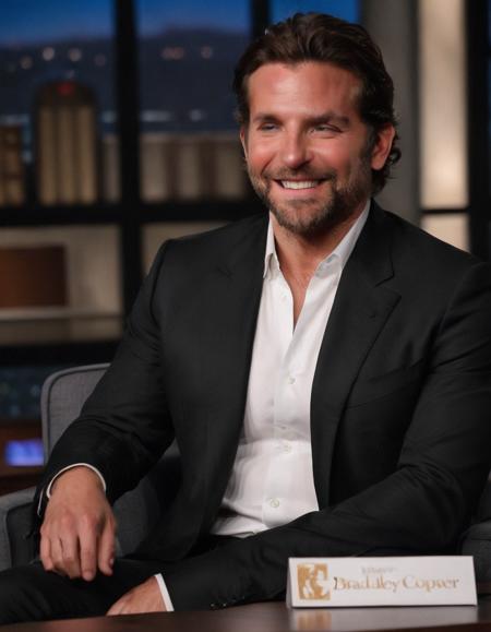 photo of bradley cooper sitting at a talk show laughing, cinematic lighting, hero pose