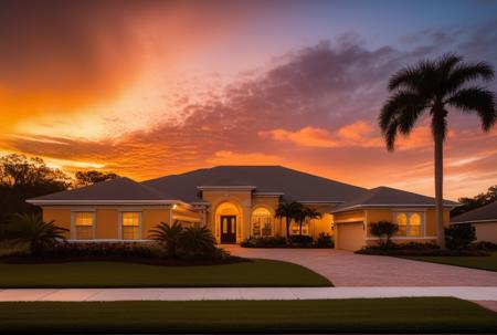 sunset, Florida, Sarasota, real estate, dramatic sunset, clouds, golden hour, golden ratio composition,  intricate detail , 8k, , dynamic, cinematic, ultra-detailed, full background,  epic location, vacation photography, magical location, epic, sparkle, glitter, scenery, ((no humans)), drizzle, beautiful, (shiny:1.2), monolithic, bloom:0.4, sparkle, extremely detailed, multicolored fire theme, alluring lighting, rim lighting, HD. Photography real estate photography by Larry Hanna, Jason Miller, Anthony Dimaano, Alex Tonetti, Shawn Talbot.