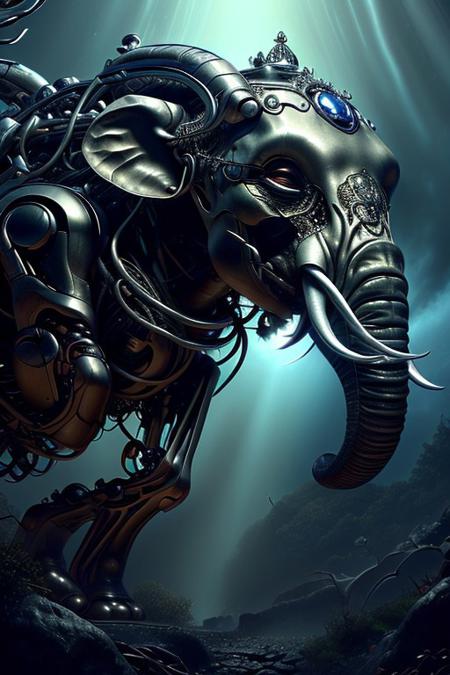 cinematic film still silverpulse, cyborg elephant, simple background, high quality, artistic, vibrant colors, detailed textures. futuristic sleek/glossy silver and blue glow, vibrant colors, detailed textures., Concept art, cyborg, background, vintage, modern, SilverPulse, <lora:SilverPulseMorphXL:0.8>, excellent composition, artistic, highly detail, holy, sunny, dynamic dramatic beautiful full taking . shallow depth of field, vignette, highly detailed, high budget, bokeh, cinemascope, moody, epic, gorgeous, film grain, grainy