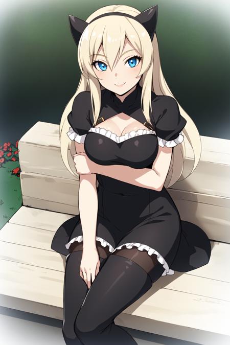 fatina, 1girl, solo, long hair, smile, blue eyes, blonde hair,  hairband, cat ears, black dress, thigh boots, pantyhose,
