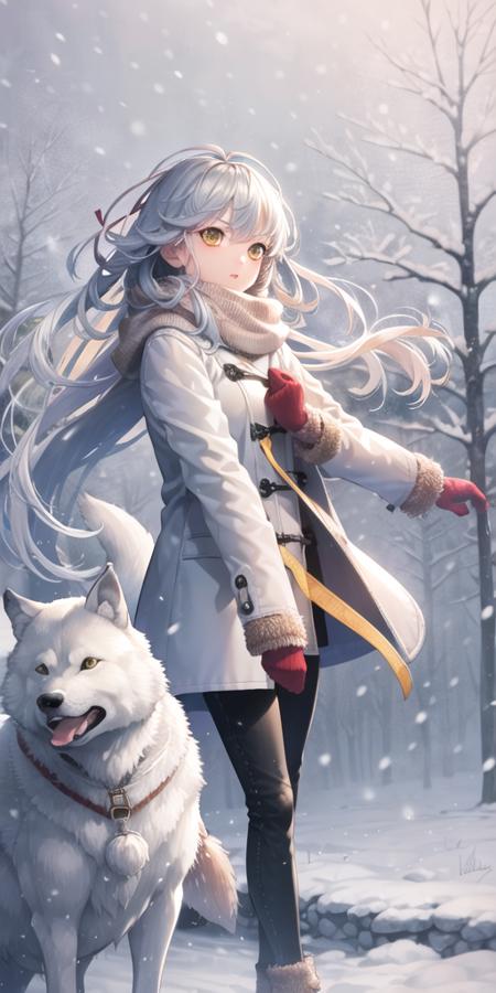 1girl, animal, branch, cable knit, coat, floating hair, knit mittens, long hair, outdoors, pants, parted lips, plant, ribbon, scarf, snow, solo, tree, white coat, white hair, white pants, white theme, wolf, yellow eyes, yellow ribbon, snowing, winter, winter clothes, bare tree, looking at viewer, long sleeves, wind,<lora:mina_loha_v1a:1>