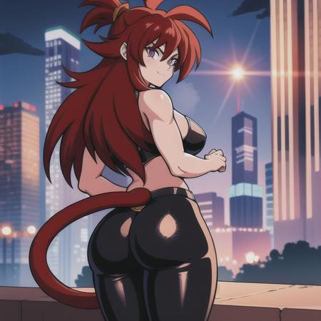 masterpiece, best quality, detailed face, detailed eyes, highres,,<lora:Primitive Saiyan Woman:1> 1girl,Saiyaness, 1girl,Saiyan monkey tail, red hair, long wild spiky hair, hair tied, long mane of hair down back, butt, leather pants, city, night time