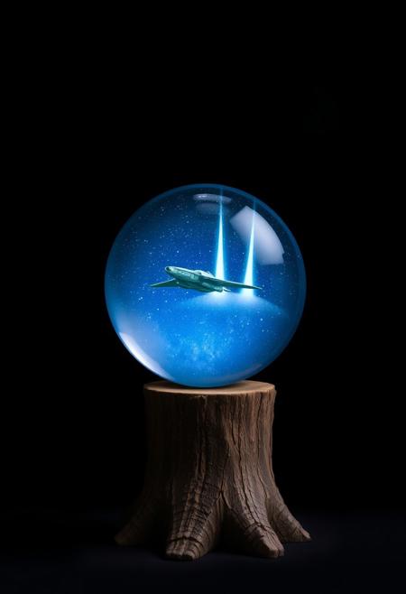 Against a dark background, on a very, very low stump, stood a crystal ball. Inside the crystal ball was a deep blue expanse of the night sky dotted with starlight. An alien craft was parked in the sky, and two columns of light were shining forward.