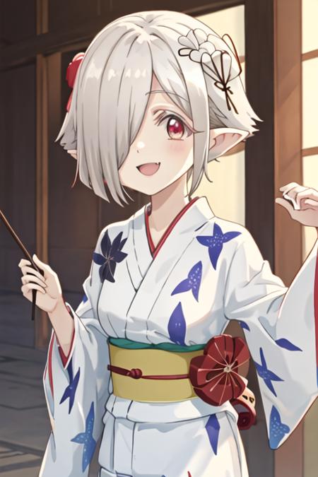 best quality, masterpiece, highres, solo, {yukata:1.40}, {kimono:1.20}, {perusepone2shi_jashinchandropkick:1.15}, short_hair, pointy_ears, hair_over_one_eye, grey_hair, red_eyes, white_hair, ribbon, smile