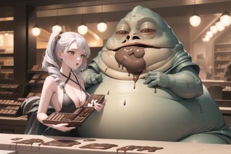 <lora:jabba_v4.5:1> 
1girl, jabba, couple, shopping, storefront, eating chocolate, dripping chocolate,, masterpiece, best quality, highly detailed