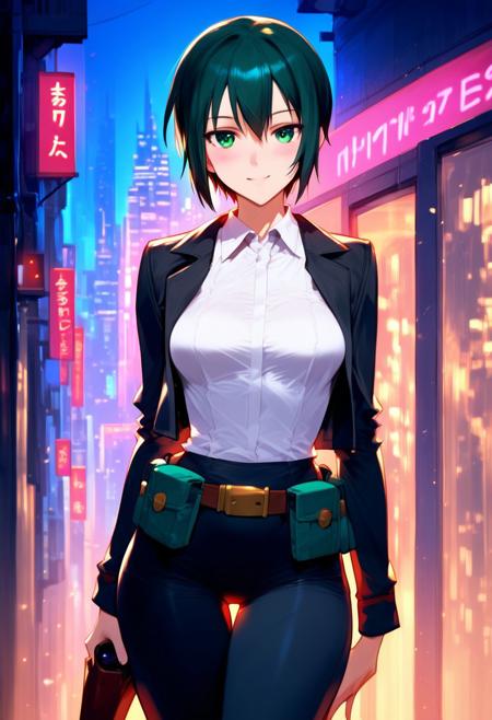 score_9, score_8_up, score_7_up, cinematic, perfect, high quality, best quality, ultra-detailed, very aesthetic, illustration, perfect composition, intricate details, absurdres, high res image, masterpiece, vibrant colors, beautiful face, detailed face, 1girl, solo focus, perfect eyes, detailed eyes, female, kinoSDXL, kino (kino no tabi), short hair, black hair, tomboy, pale skin, medium breasts, wide hips, huge ass, (shirt, long sleeves, jacket, white shirt, collared shirt, belt, pants, black jacket, holster, black pants, green eyes, pouch, brown belt, holster, belt pouch), (blush, small smile, suggestive pose), fantasy, city