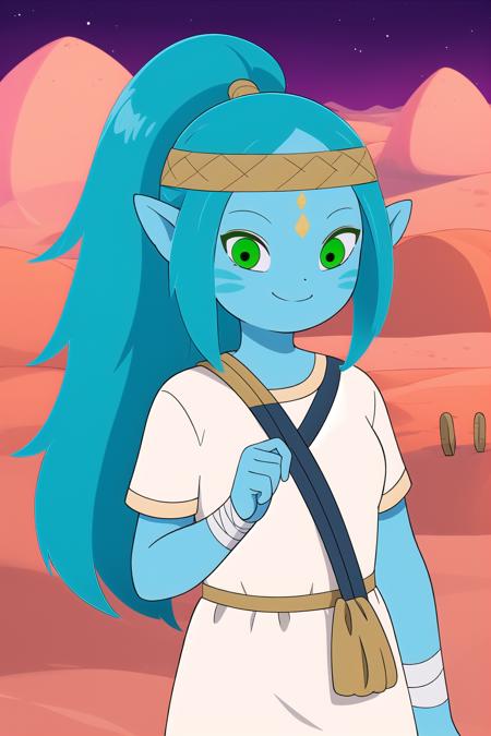 <lora:Canyon_Adventure_Time-06:0.8>, 1girl, solo, long hair, smile, upper body, green eyes, blue hair, pointy ears, colored skin, sandals, facial mark, bandages, forehead mark, desert, ponytail, very long hair, short sleeves, white dress, short dress, blue skin,