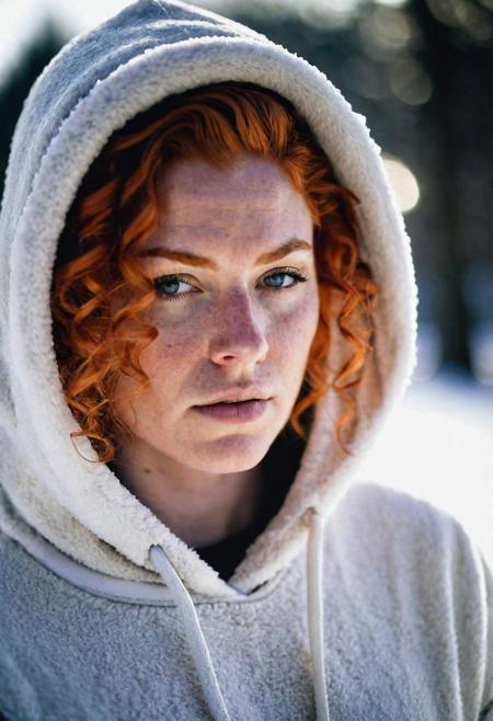 photograph of a woman, (disgusted facial expression), textured skin, goosebumps, ginger curly hair, oversized hoodie with leggings and sneakers, profile, winter landscape covered in a pristine blanket of white snow, perfect eyes, (cinematic lighting,strong side key lights), muted low grain color, shot on Kodak Brownie, bokeh, sharp focus on subject, shot by Lee Miller