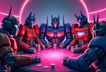 Transformers, Autobots, Optimus Prime, Grimlock,  playing poker, playing cards, poker chips,  drinking glowing pink beer, in a futuristic room, comic book style