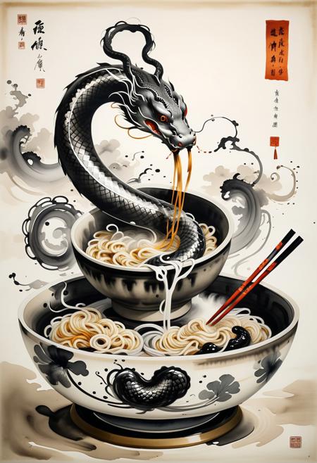 Sinoink, vertical ink depiction, steaming bowl of noodles transitioning into wriggling snake forms, serpents intertwined with chopsticks in dynamic, fluid motion, brushstrokes capturing energy and humor, wisps of steam blending into abstract ink wash background, detailed ceramic bowl with ornate patterns, striking interplay of light and shadow, lively and surreal, blending traditional Chinese ink art with modern whimsy
