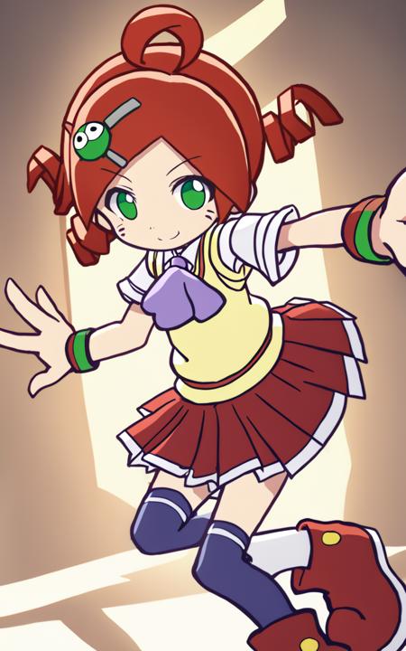 ando ringo green eyes, character hair ornament, red hair, ahoge, twin drill wristband white skirt, cleamyellow sweater vest, red skirt, purple necktie, school uniform, navyblue thighhighs, red shoes, zettai ryouiki