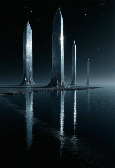 Worm's-eye view: Colossal chrome obelisks, straight lines piercing still, black water. Sharp metallic sheen mirrors an alien lagoon beneath a star-filled void; immense scale evoking cosmic dread. Style of Beksiński, Giger; lighting by Deakins, dramatic chiaroscuro. Monochromatic deep indigos, cold silvers; faint, ominous starlight casting long, distorted reflections on flawless polished metal, slick water. Oppressive ancient silence. Subtle geometric starlight aberrations, ripples from unseen movement.