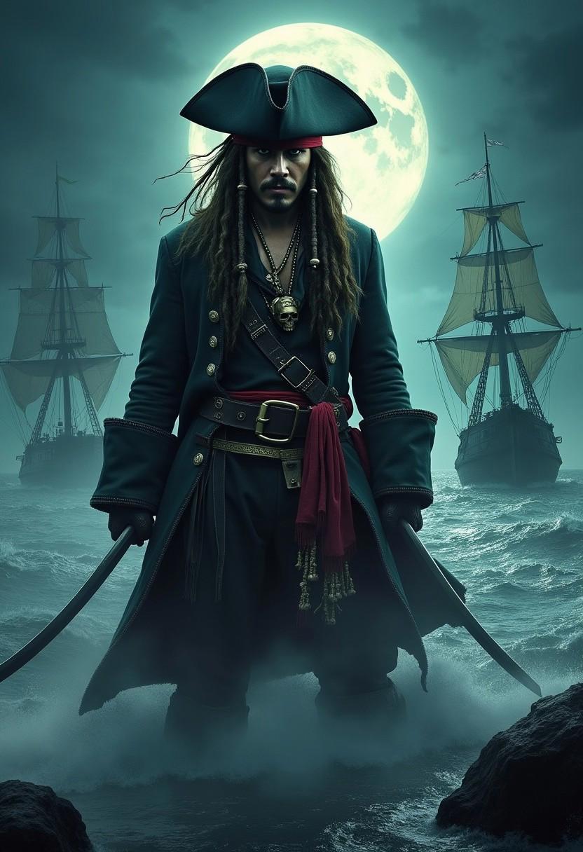 Create an image of a movie poster, movie title above "Pirates of the Crypt", parody of Pirates of the Caribbean, Halloween Themed, Jack Sparrow in focus, haunted sea, cursed pirates, spooky ships, eerie skeletons, ghostly treasure, dark waves, spectral swords, foggy ocean