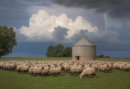 Cumulo-nimbus storm cloud landscape, close-up flocks of grazing sheep, antique wooden farmhouse with antique grain silo, photographie très réaliste