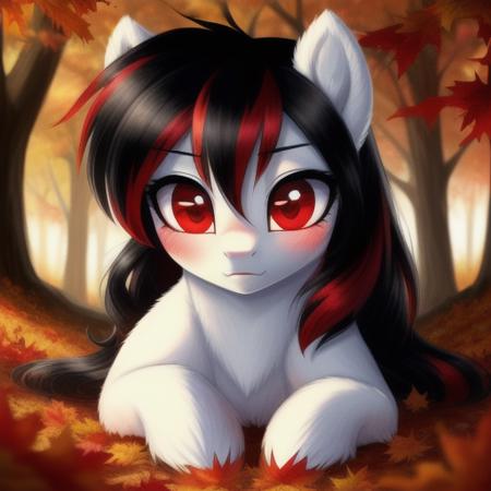 feral pony, portrait, ((outside)), (masterpiece), (raytracing), (cinematic lighting), triadic lighting, High Definition, light particles, (shading), ((((smooth white fur)))), red glowing clear eyes ((shiny fur pony body)), (((glowing clear red eyes))), ((pony)), ((long wavy black hair)), ((four hooves)) female, mare, {my little pony}, blush ((black tail)), (((cute))), (((pony))), ((small red highlights)), ((fall)), ((prone))