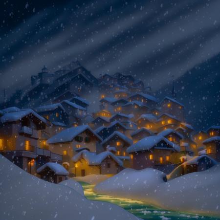 a beautiful italian village covered in snow situated on top of Alps  in the style of tyrus wong, snowfall, warm lights <lora:Bambi:1>