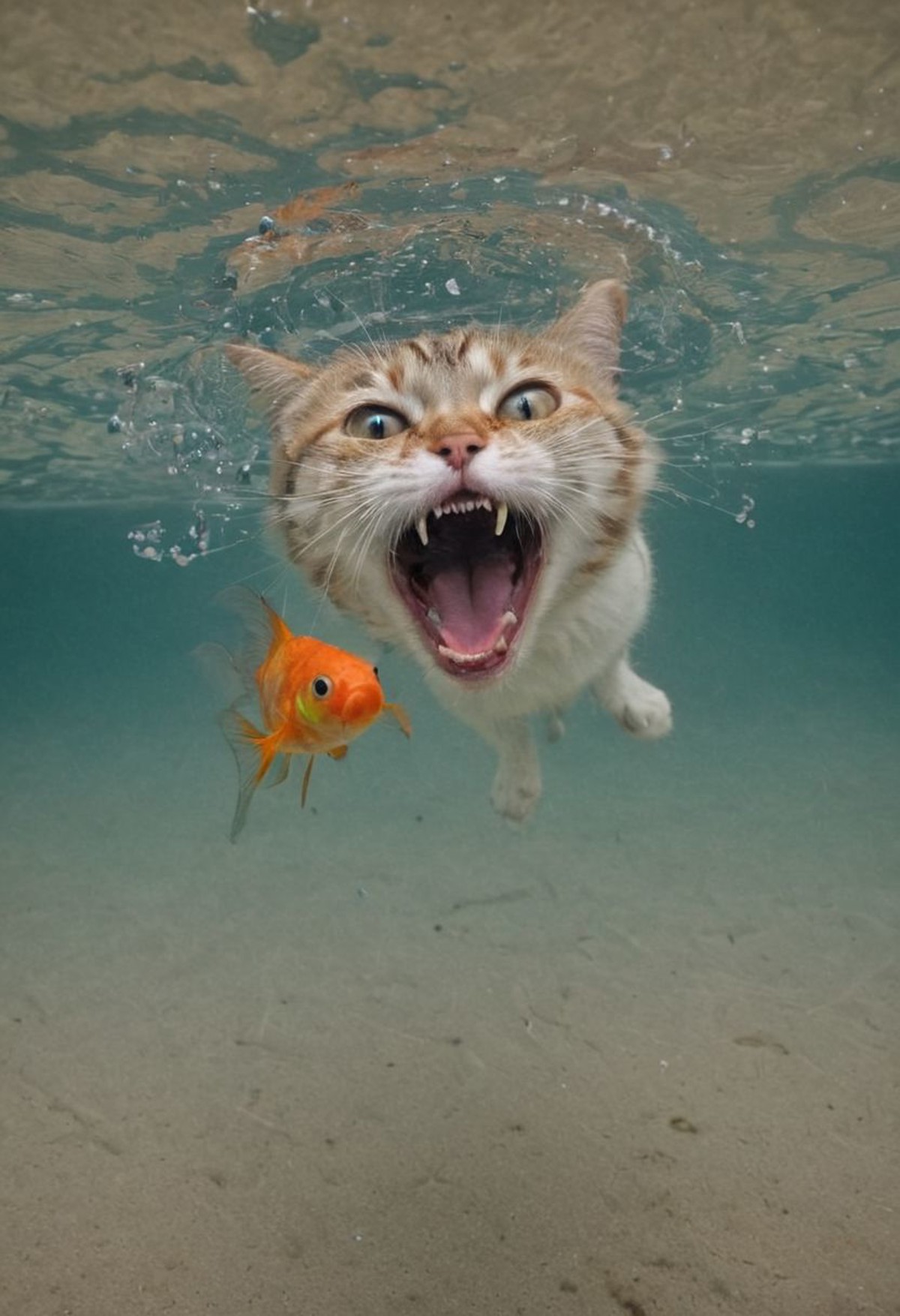 cat, making goofy faces under water, lie the wind is blowing in her open mouth bubbles wide. an annoyed goldfish swims by