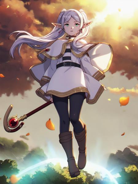 1girl, sfrieren, elf, pointy ears, silver hair, white hair, green eyes, BREAK
robe, black pantyhose, brown boots, belt, capelet, BREAK
floating, full body, staff, holding, holding staff, aura, falling leaves, BREAK
<lora:sfrieren_ponyxl:0.8>, score_9, score_8_up, score_7_up, score_6_up, score_5_up, anime,
(high quality, detailed, beautiful), shiny, detailed beautiful eyes, outstanding, countershading, detailed soft lighting, backlighting